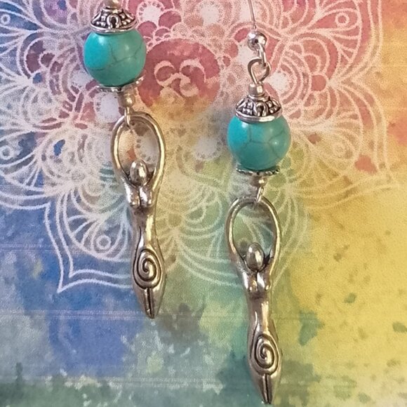 GODDESS EARRINGS,  Magnesite Turquoise, Silvery Bali-Type Accents - Picture 4 of 7